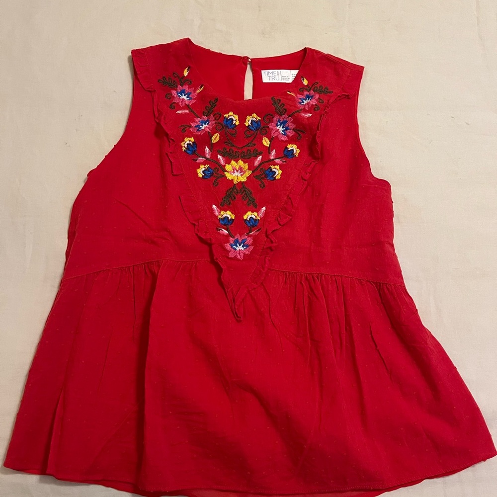 Time and Tru Red Floral Embroidered Blouse